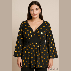 New Directions Black Blouse with Gold Polka Dots - Elegant Wrap-Style
